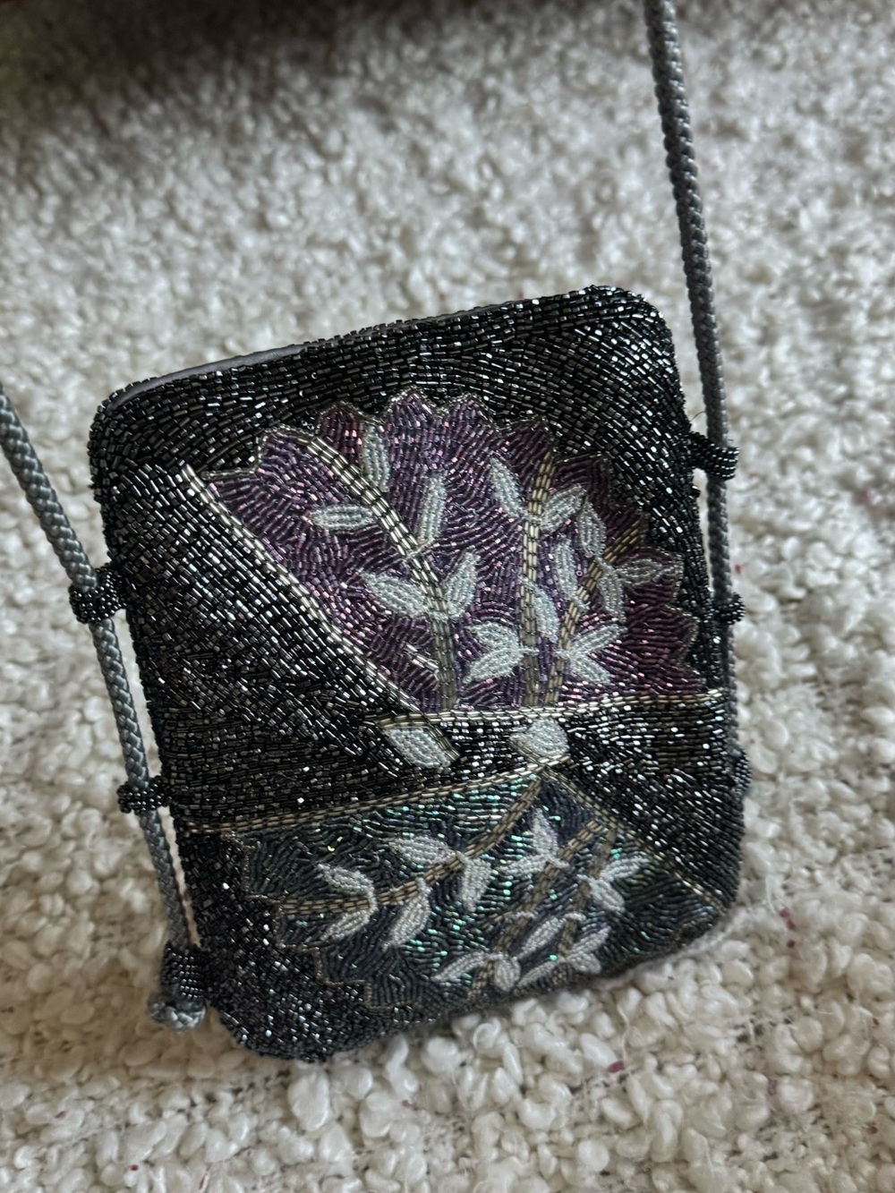 Vintage Beaded Floral Fan Crossbody Pouch Gunmetal Silver & Purple Evening Bag
